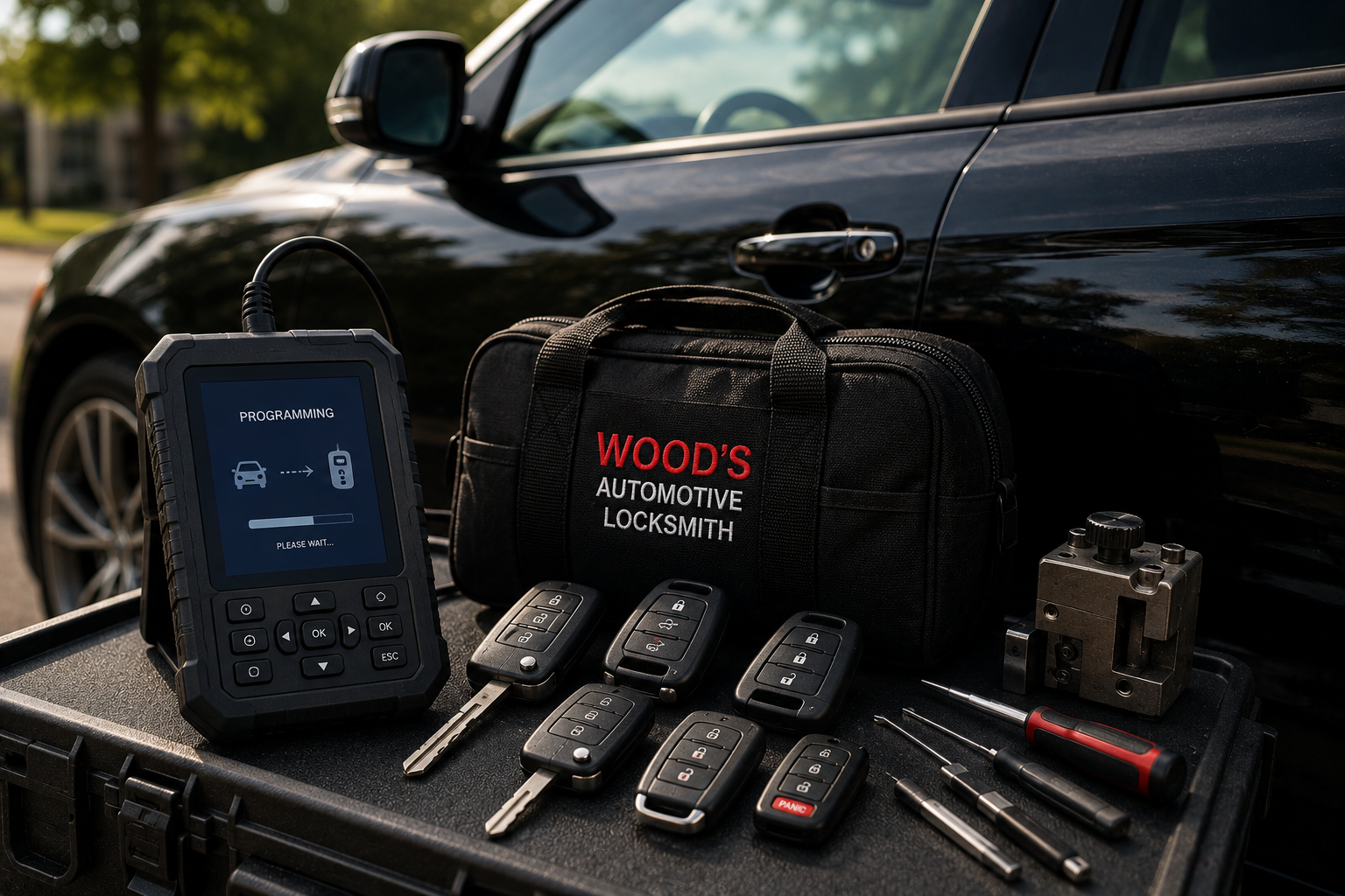 Automotive key programming equipment, key fobs, locksmith tools, and Wood's Automotive Locksmith equipment
