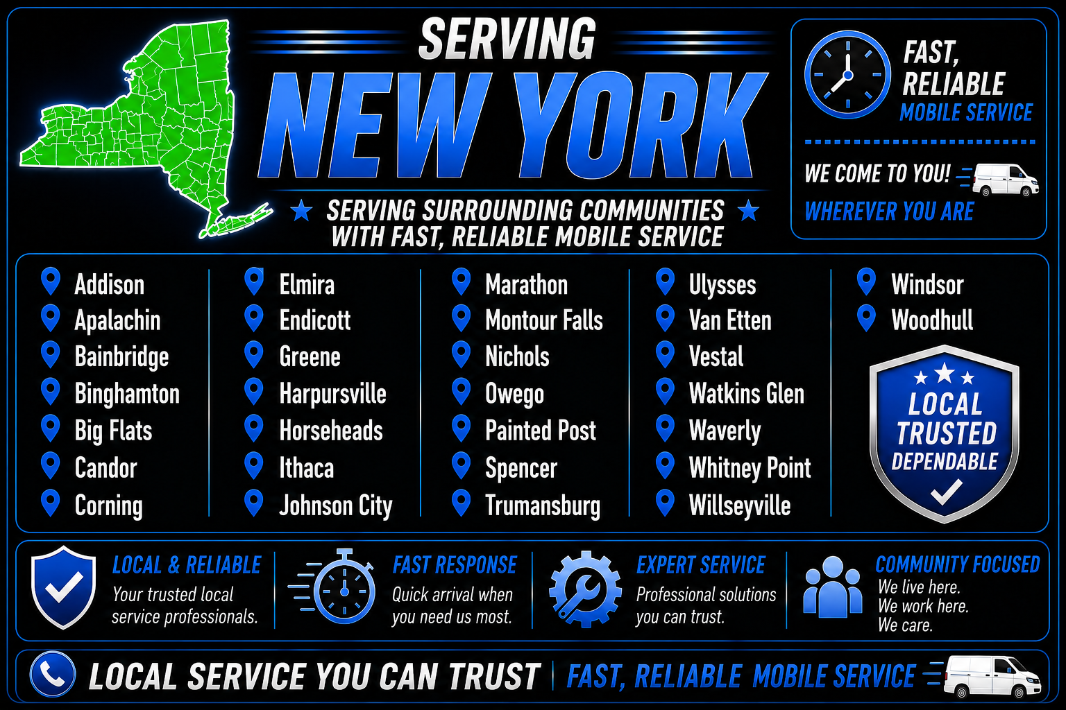 30 Featured Communities served in New York: Addison, Apalachin, Bainbridge, Binghamton, Big Flats, Candor, Corning, Elmira, Endicott, Greene, Harpursville, Horseheads, Ithaca, Johnson City, Marathon, Montour Falls, Nichols, Owego, Painted Post, Spencer, Trumansburg, Ulysses, Van Etten, Vestal, Watkins Glen, Waverly, Whitney Point, Willseyville, Windsor, and Woodhull.