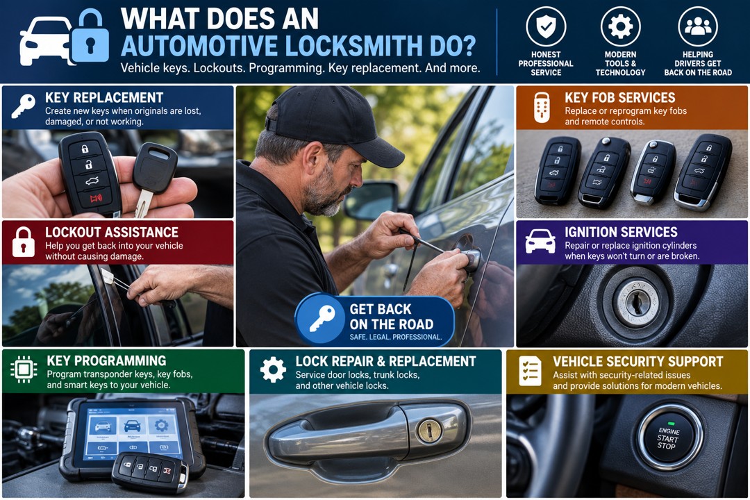Automotive locksmith using professional tools at a vehicle