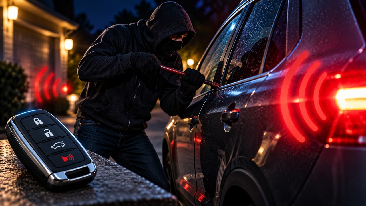 Burglar attempting to enter a vehicle illustrating keyless-entry theft