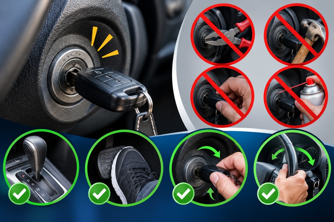 Car key inserted in an ignition cylinder and stuck in place