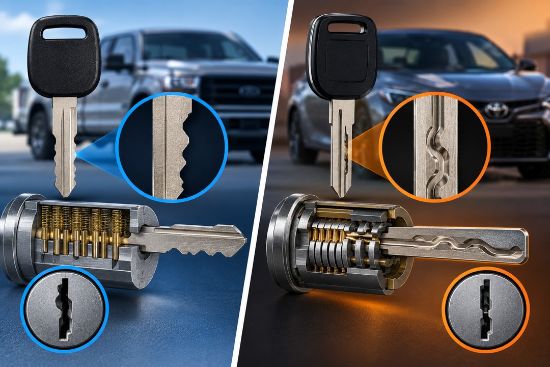 Close-up of a laser-cut sidewinder automotive key