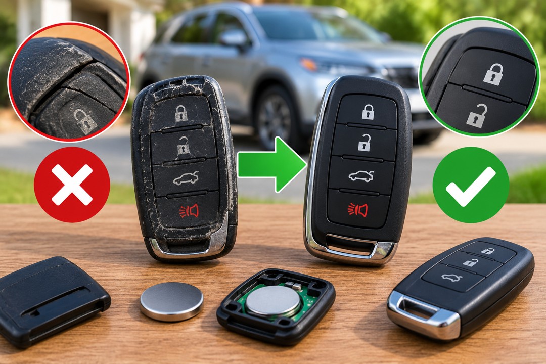New replacement key fob being held next to packaging